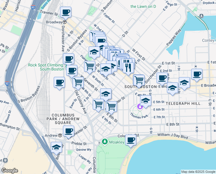 map of restaurants, bars, coffee shops, grocery stores, and more near 223 West Fifth Street in Boston