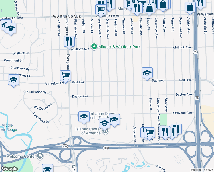 map of restaurants, bars, coffee shops, grocery stores, and more near 6309 Grandville Avenue in Detroit
