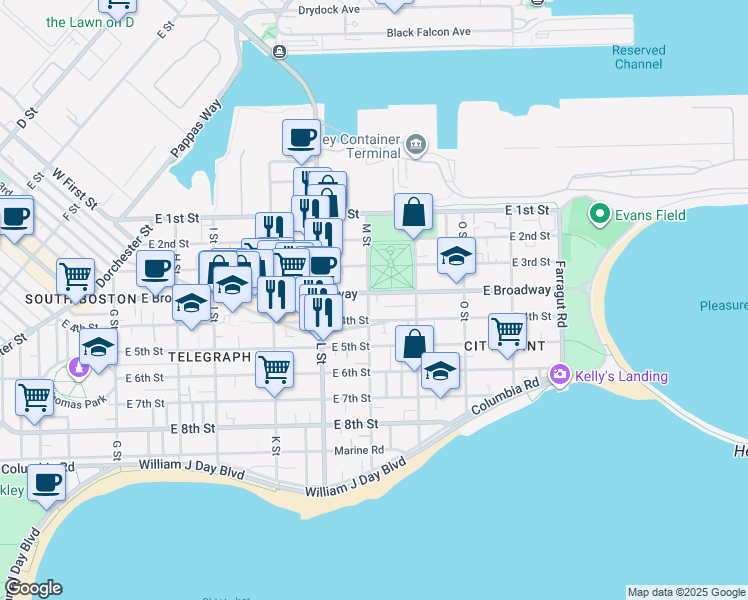 map of restaurants, bars, coffee shops, grocery stores, and more near 789 East Broadway in Boston