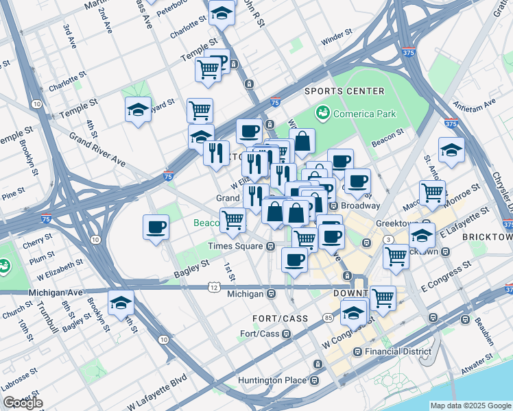 map of restaurants, bars, coffee shops, grocery stores, and more near 150 Bagley Street in Detroit