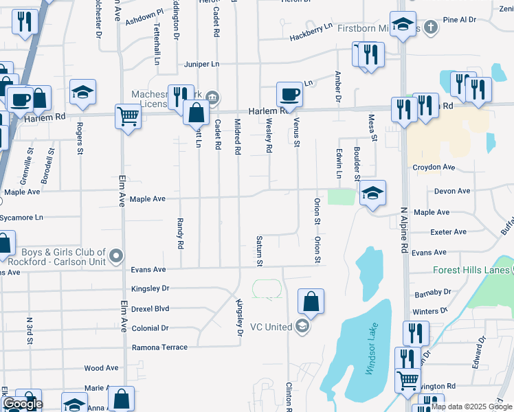 map of restaurants, bars, coffee shops, grocery stores, and more near 1405 Maple Avenue in Loves Park
