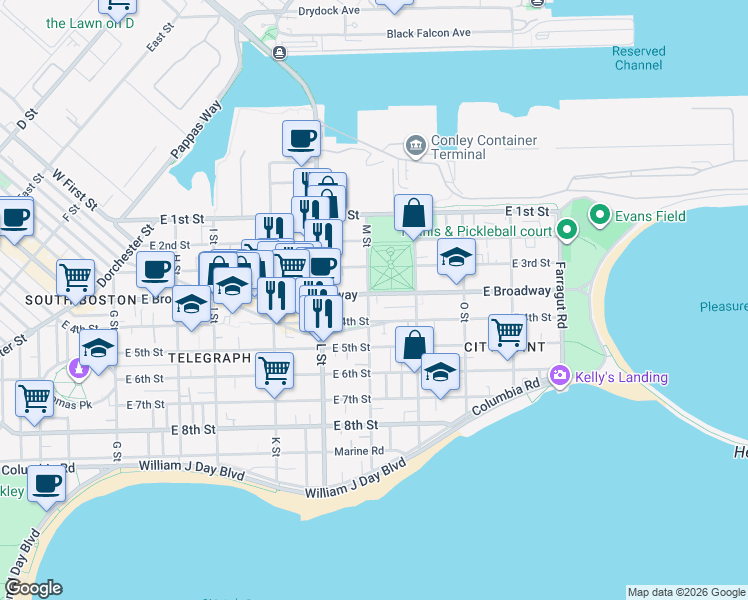 map of restaurants, bars, coffee shops, grocery stores, and more near 775 East 1st Street in Boston