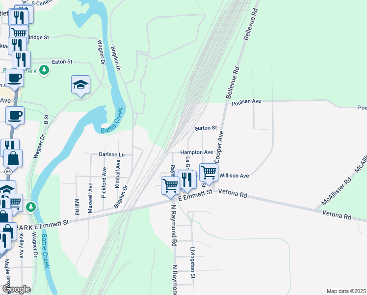 map of restaurants, bars, coffee shops, grocery stores, and more near 243 La Grange Avenue in Battle Creek