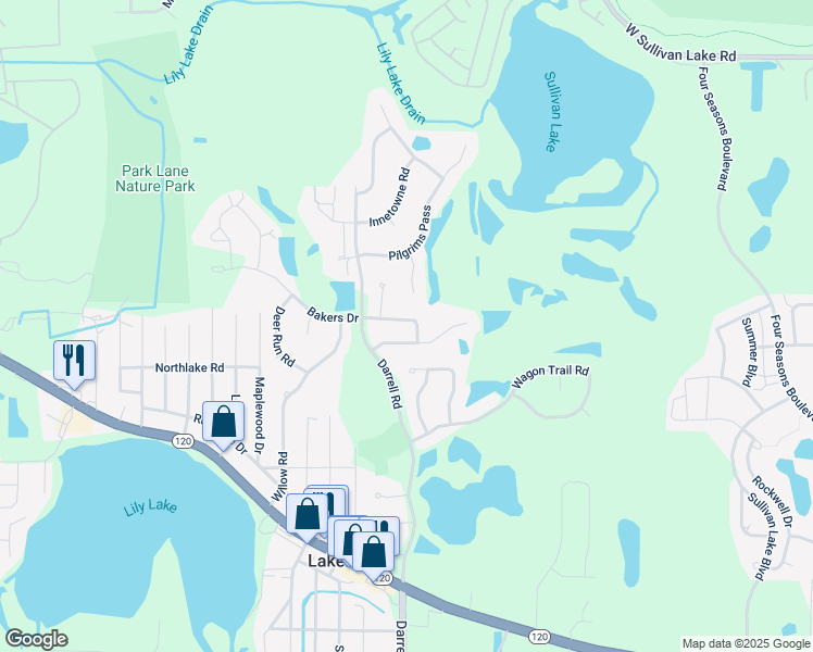 map of restaurants, bars, coffee shops, grocery stores, and more near 28809 Bakers Drive in Lakemoor
