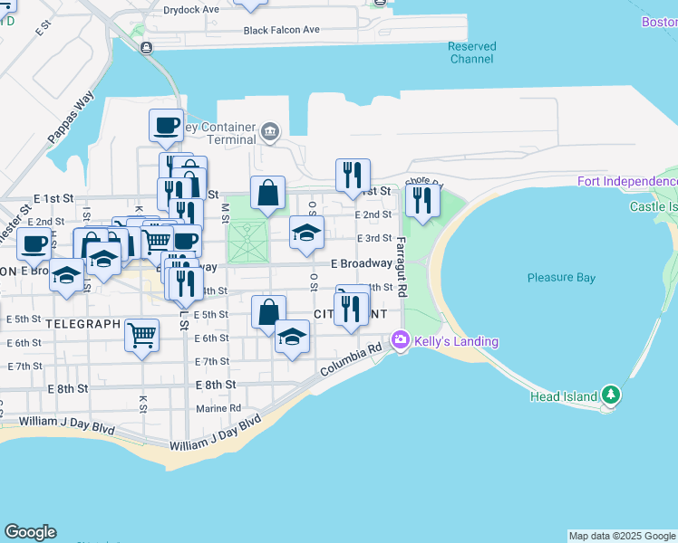 map of restaurants, bars, coffee shops, grocery stores, and more near 906 East Broadway in Boston