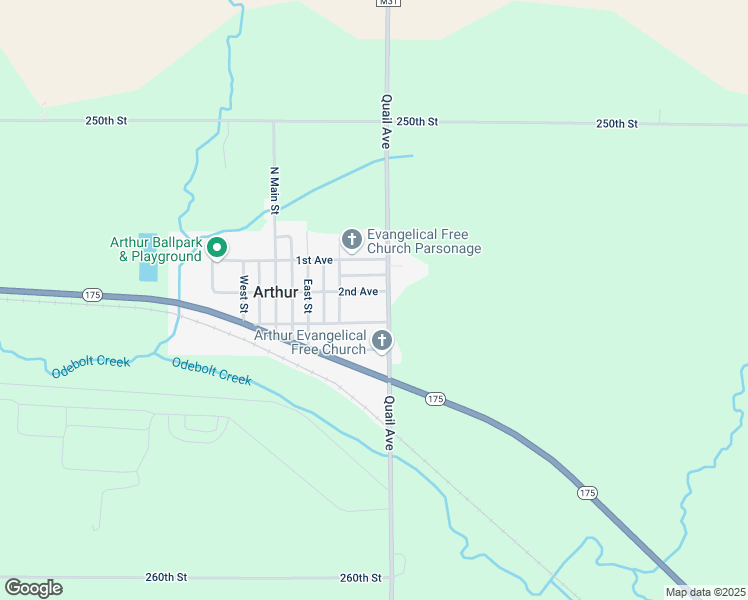 map of restaurants, bars, coffee shops, grocery stores, and more near 301-327 2nd Avenue in Arthur