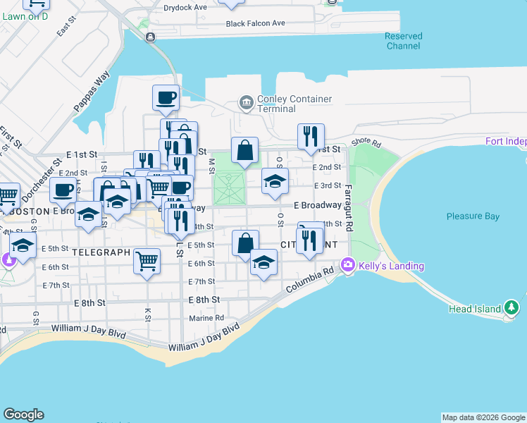 map of restaurants, bars, coffee shops, grocery stores, and more near 849 East Broadway in Boston