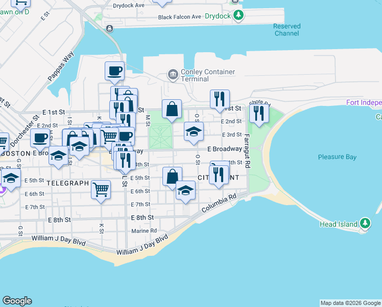 map of restaurants, bars, coffee shops, grocery stores, and more near 861 East Broadway in Boston