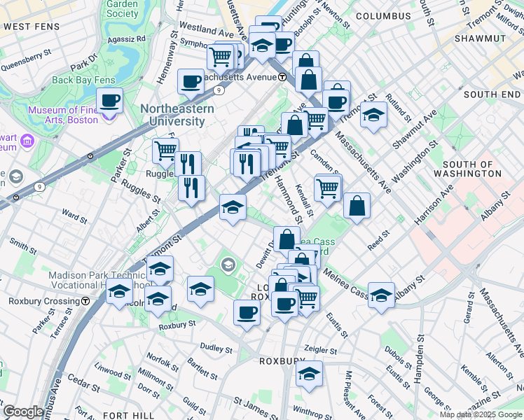 map of restaurants, bars, coffee shops, grocery stores, and more near 85 Windsor Street in Boston