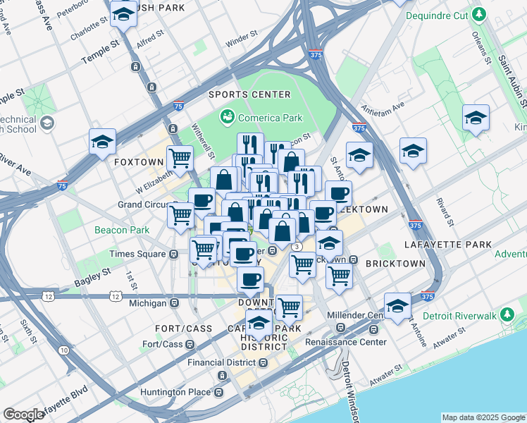 map of restaurants, bars, coffee shops, grocery stores, and more near 206 East Grand River Avenue in Detroit