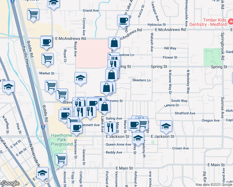 map of restaurants, bars, coffee shops, grocery stores, and more near 700 Crater Lake Avenue in Medford