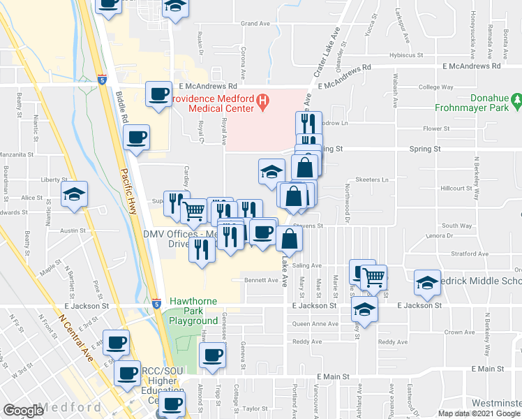 map of restaurants, bars, coffee shops, grocery stores, and more near 649 Crater Lake Avenue in Medford