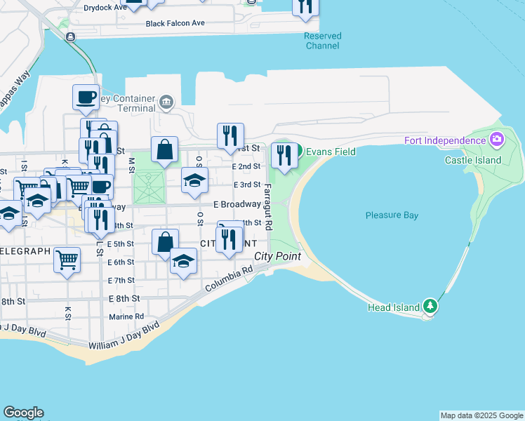map of restaurants, bars, coffee shops, grocery stores, and more near 65 Farragut Road in Boston
