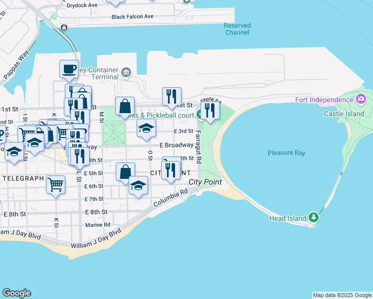 map of restaurants, bars, coffee shops, grocery stores, and more near 936 East Broadway in Boston