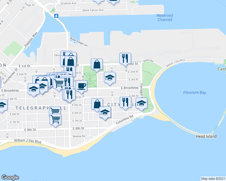 map of restaurants, bars, coffee shops, grocery stores, and more near 866 East Broadway in Boston