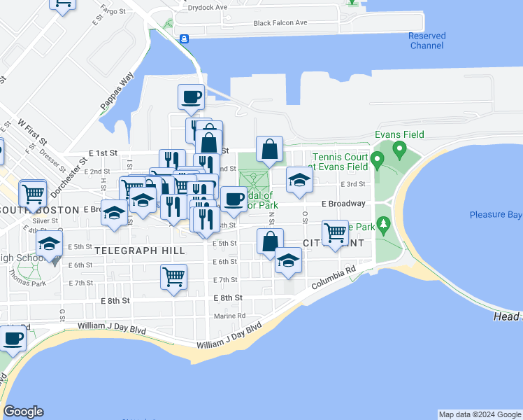 map of restaurants, bars, coffee shops, grocery stores, and more near 775 East 1st Street in Boston