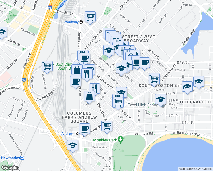 map of restaurants, bars, coffee shops, grocery stores, and more near 114 West Seventh Street in Boston