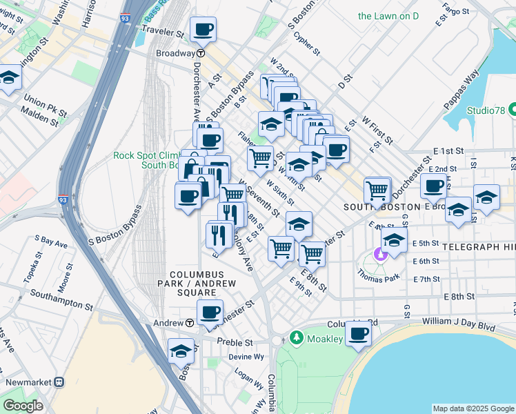 map of restaurants, bars, coffee shops, grocery stores, and more near 114 West Seventh Street in Boston