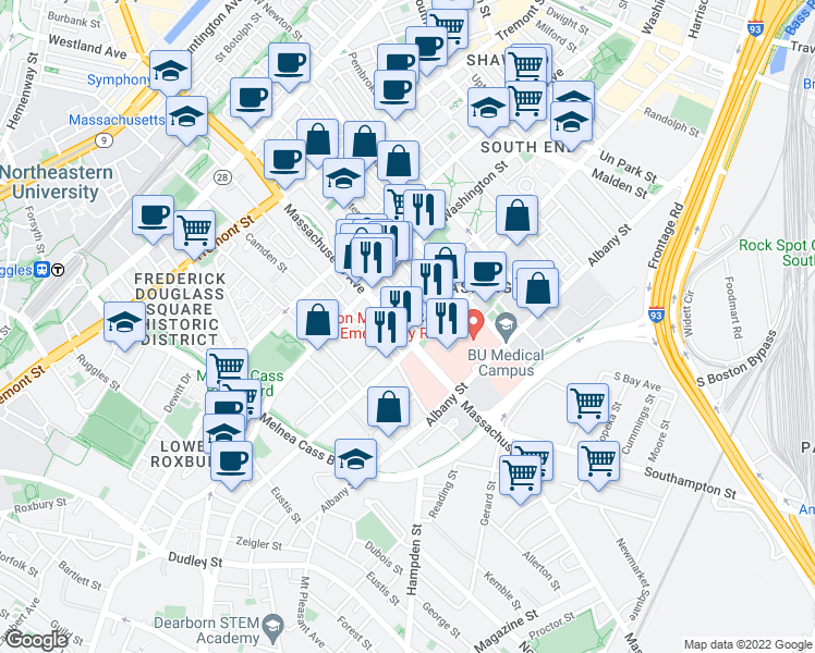 map of restaurants, bars, coffee shops, grocery stores, and more near 668 Massachusetts Avenue in Boston