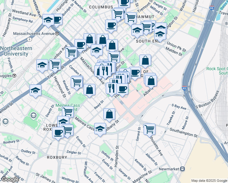 map of restaurants, bars, coffee shops, grocery stores, and more near 668 Massachusetts Avenue in Boston