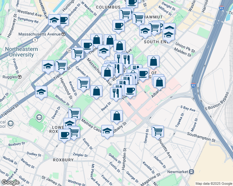 map of restaurants, bars, coffee shops, grocery stores, and more near 668 Massachusetts Avenue in Boston