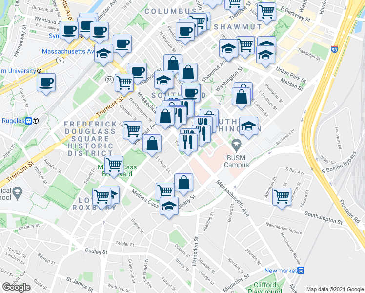 map of restaurants, bars, coffee shops, grocery stores, and more near 668 Massachusetts Avenue in Boston