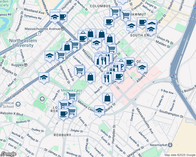 map of restaurants, bars, coffee shops, grocery stores, and more near 1786 Washington Street in Boston