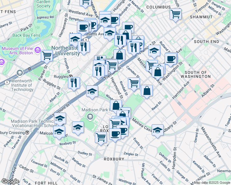 map of restaurants, bars, coffee shops, grocery stores, and more near 10 Sussex Street in Boston