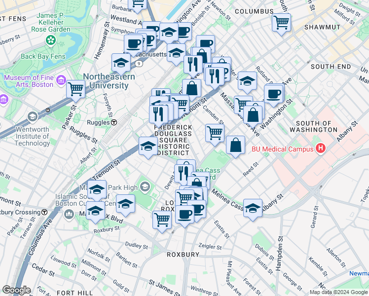 map of restaurants, bars, coffee shops, grocery stores, and more near 10 Sussex Street in Boston