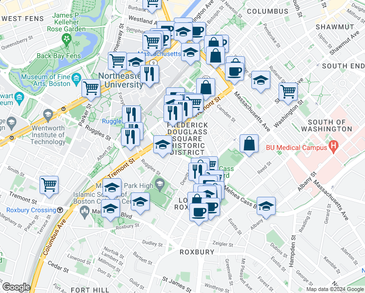 map of restaurants, bars, coffee shops, grocery stores, and more near 1030-1070 Tremont Street in Boston