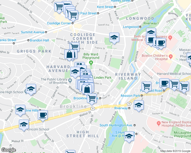 map of restaurants, bars, coffee shops, grocery stores, and more near 13 Tabor Place in Brookline