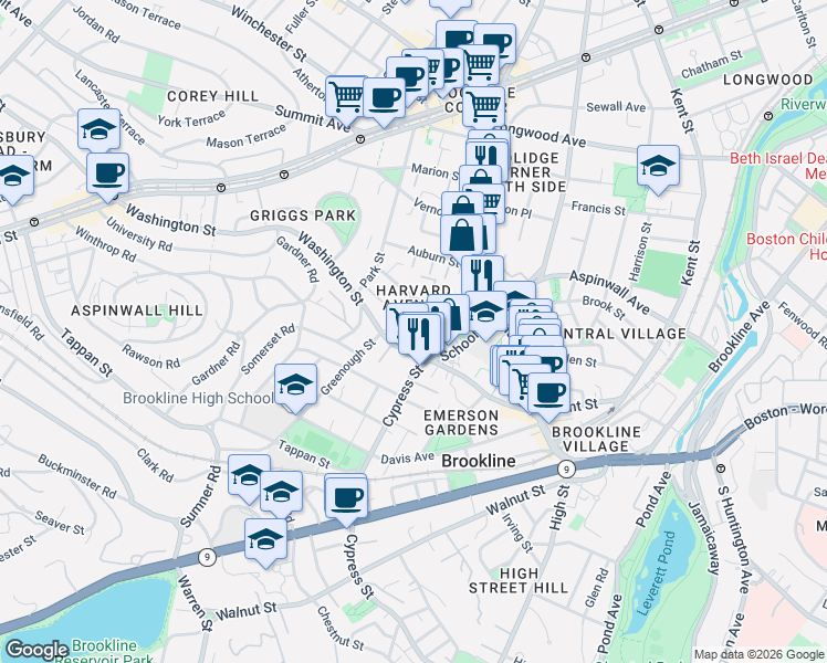 map of restaurants, bars, coffee shops, grocery stores, and more near in Brookline