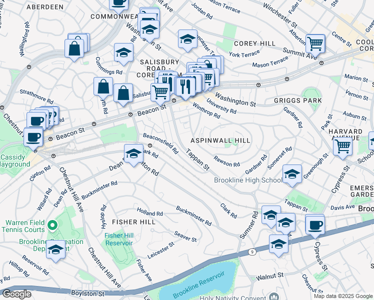 map of restaurants, bars, coffee shops, grocery stores, and more near 299 Tappan Street in Brookline