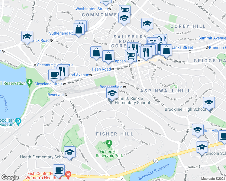 map of restaurants, bars, coffee shops, grocery stores, and more near 61 Dean Road in Brookline