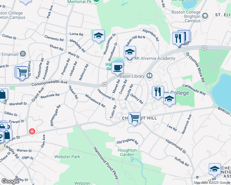 map of restaurants, bars, coffee shops, grocery stores, and more near 97 Manet Road in Newton