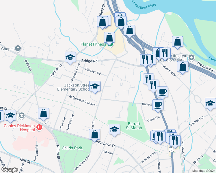 map of restaurants, bars, coffee shops, grocery stores, and more near 186 Jackson Street in Northampton