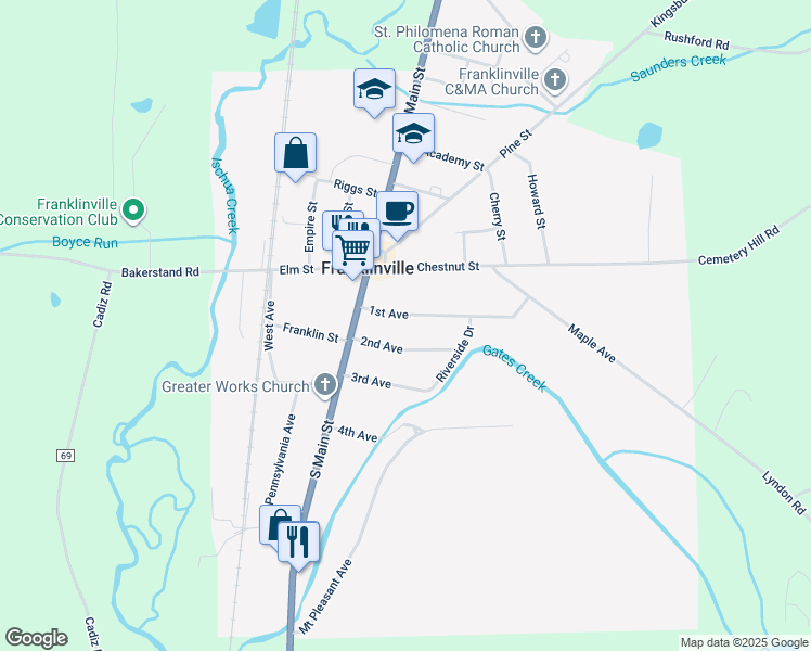 map of restaurants, bars, coffee shops, grocery stores, and more near 20 1st Avenue in Franklinville