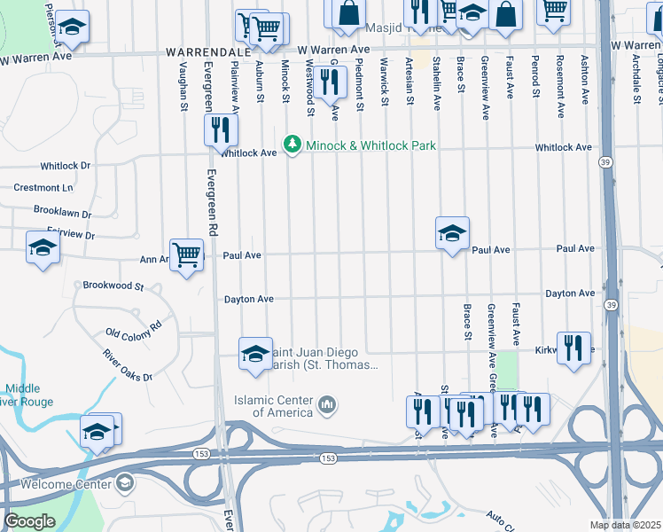 map of restaurants, bars, coffee shops, grocery stores, and more near 6309 Grandville Avenue in Detroit