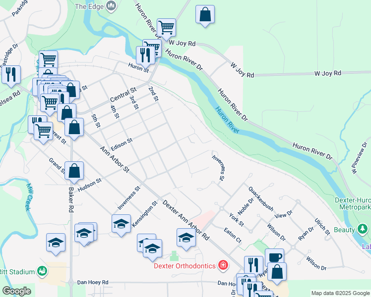 map of restaurants, bars, coffee shops, grocery stores, and more near 7680 Hudson Court in Dexter