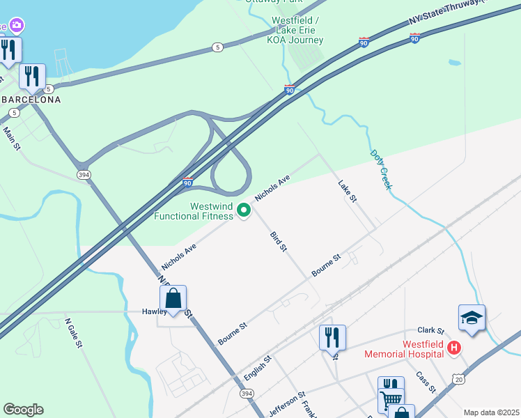 map of restaurants, bars, coffee shops, grocery stores, and more near 57 Bird Street in Westfield