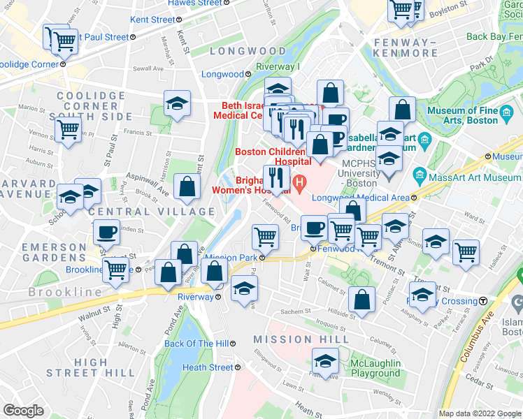 map of restaurants, bars, coffee shops, grocery stores, and more near 74 Fenwood Road in Boston