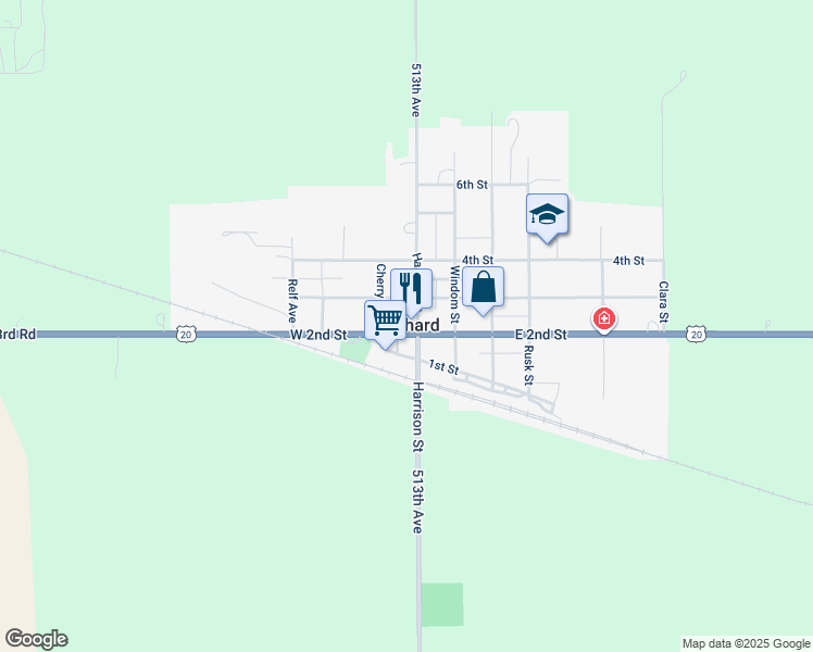 map of restaurants, bars, coffee shops, grocery stores, and more near 115 2nd Street in Orchard