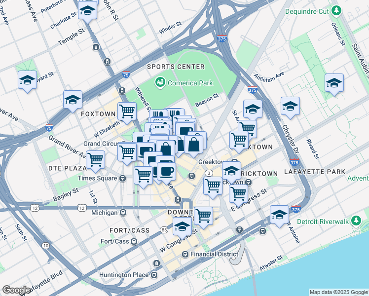 map of restaurants, bars, coffee shops, grocery stores, and more near 206 East Grand River Avenue in Detroit