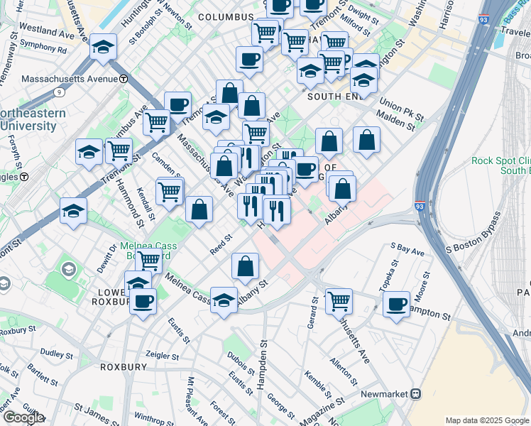 map of restaurants, bars, coffee shops, grocery stores, and more near 33 Worcester Square in Boston