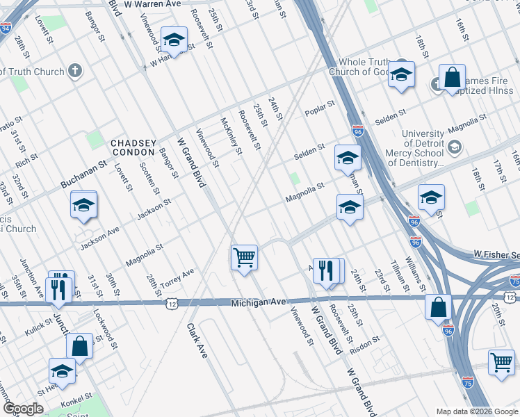 map of restaurants, bars, coffee shops, grocery stores, and more near 3745 McKinley Street in Detroit