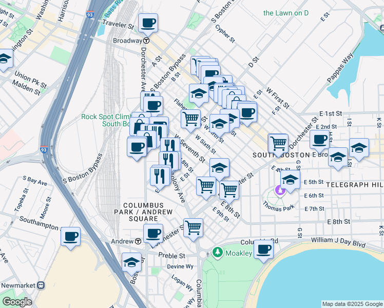 map of restaurants, bars, coffee shops, grocery stores, and more near 114 West Seventh Street in Boston