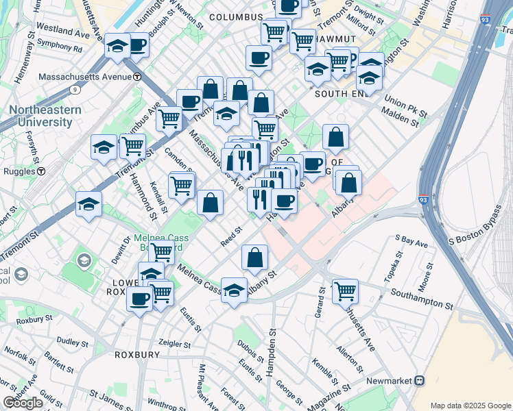 map of restaurants, bars, coffee shops, grocery stores, and more near 668 Massachusetts Avenue in Boston