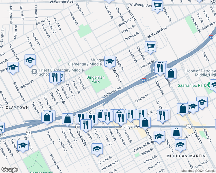 map of restaurants, bars, coffee shops, grocery stores, and more near 6900 Ironside Avenue in Detroit