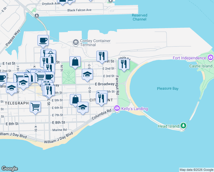 map of restaurants, bars, coffee shops, grocery stores, and more near 936 East Broadway in Boston