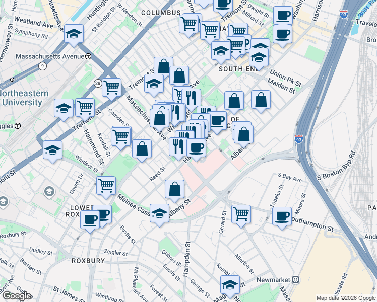 map of restaurants, bars, coffee shops, grocery stores, and more near 33 Worcester Square in Boston